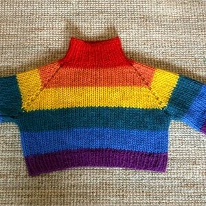 Vibrant Rainbow Striped Cropped Turtleneck Sweater